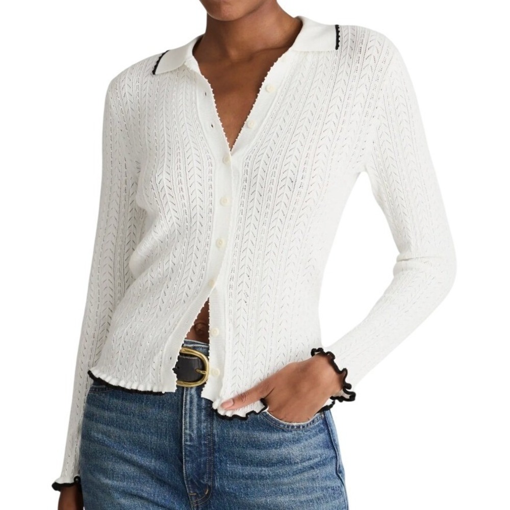 Madewell Ruffle-Trim Pointelle White Button Cardigan Black Tipped Lettuce Hem M